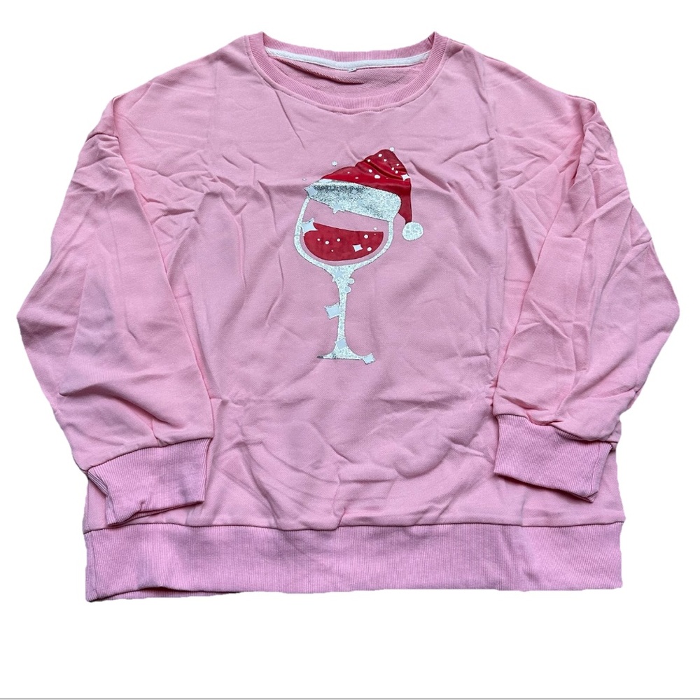 Holiday Sweatshirt Women's LARGE Red Wine Glass Santa Hat Shirt Party Pink NEW